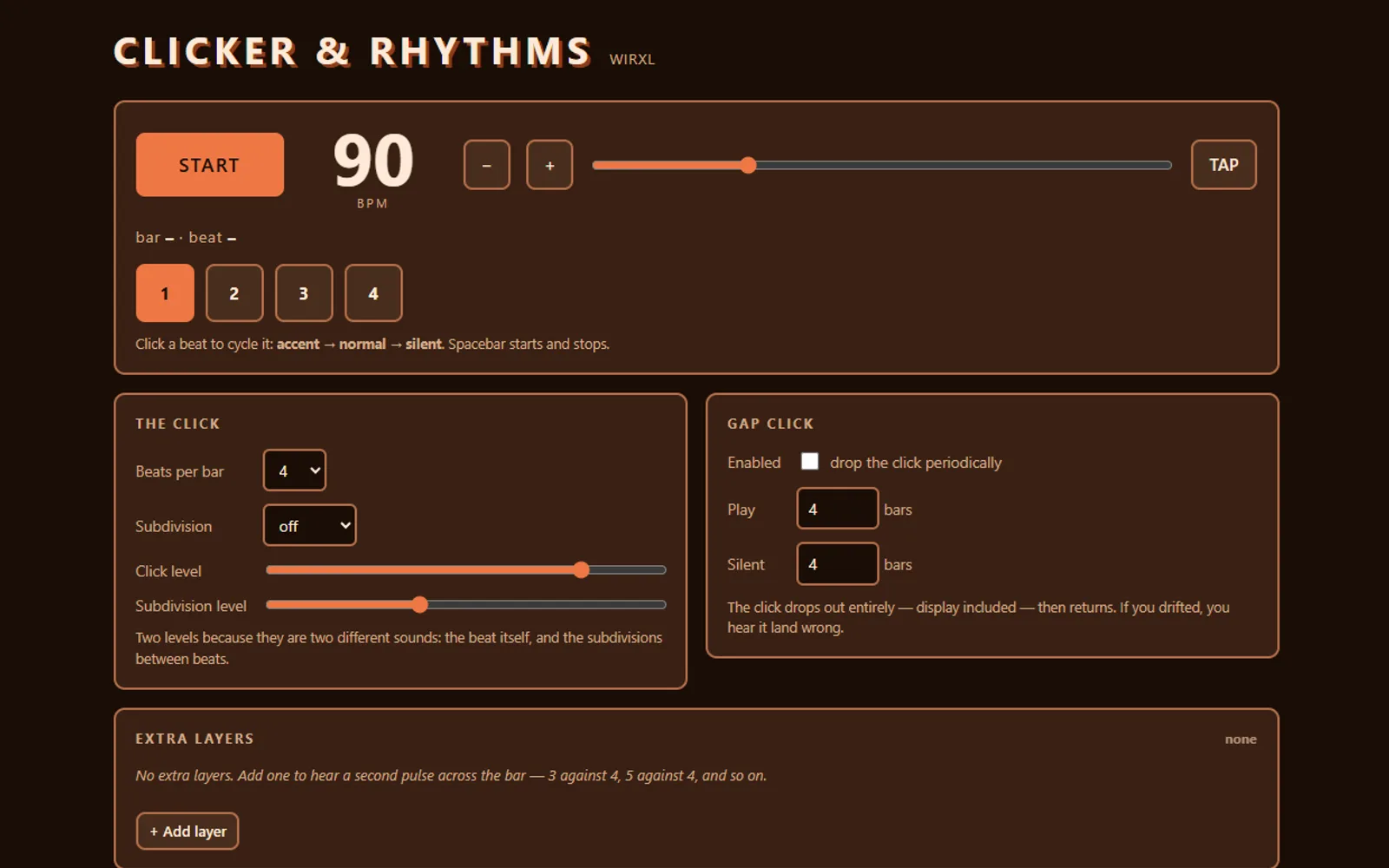 The Clicker & Rhythms wordmark above a transport row with a START button, 90 BPM, a tempo slider and tap tempo; four numbered beat buttons with the first accented; and cards below for the click, gap click and extra layers.